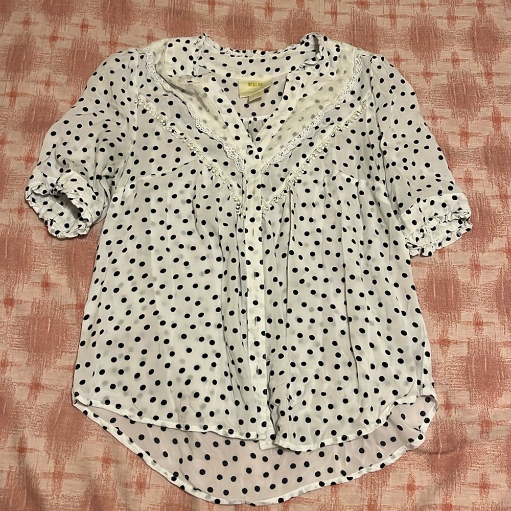 Maeve by Anthropologie white and black polka dot blouse